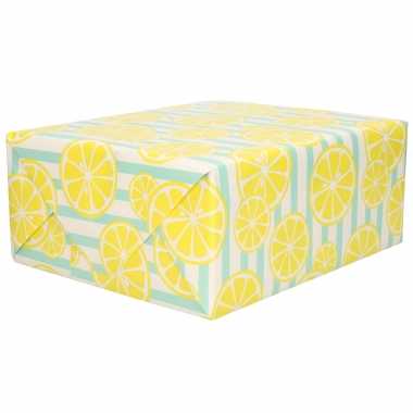 1x inpakpapier/cadeaupapier citroenen / mintgroene strepen 200 x 70 cm