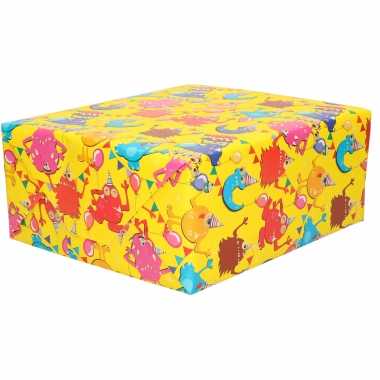 1x inpakpapier kinder verjaardag geel met gekleurde monsters 200 x 70 cm