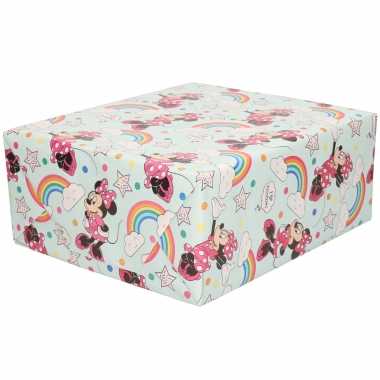 1x rollen inpakpapier/cadeaupapier disney minnie mouse met regenbogen 200 x 70 cm blauw