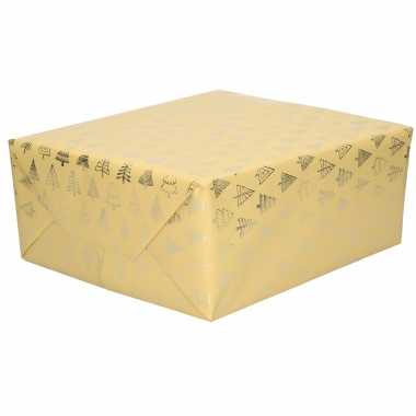 1x rollen kerst inpakpapier/cadeaupapier beige/gouden bomen 2,5 x 0,7 meter