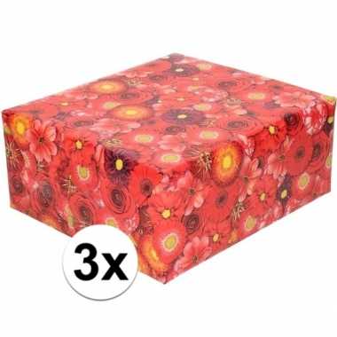 3x inpakpapier/cadeaupapier rood bloemen print 200 x 70 cm rol