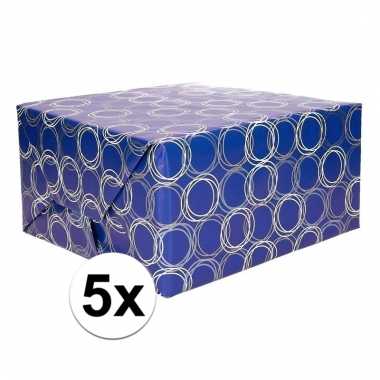 5x inpakpapier donkerblauw met patroon 200 x 70 cm op rol