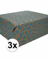 3x inpakpapier cadeaupapier bruin blauwe stippen 200 x 70 cm rol